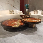 Luxury Nesting Coffee Table Set with Natural Burl Wood Veneer and Hammered Metal Detailing